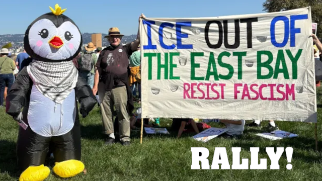Oakland, CA. – October 18, 2025 No Kings protesting Penguin, an anti-Trump symbol from the tariffs controversy Credit: K.King