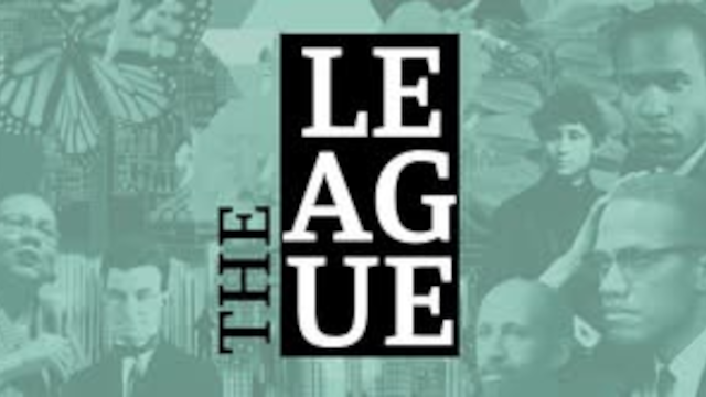 Logo reading THE LEAGUE: white 'LEAGUE' letters stacked in a black square, with 'THE' vertical to the left, over a teal collage background of people.