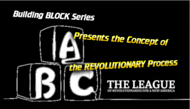 Graphic for a series cover: three outlined blocks spelling A, B, C with a black background; yellow slogan reads 'Presents the Concept of the Revolutionary Process' and 'THE LEAGUE OF REVOLUTIONARIES FOR A NEW AMERICA'