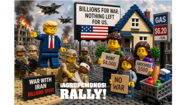 LEGO rally scene with a Trump-like figure, protesters holding 'NO WAR' and 'Rent $4,000' signs amid a burning building backdrop.