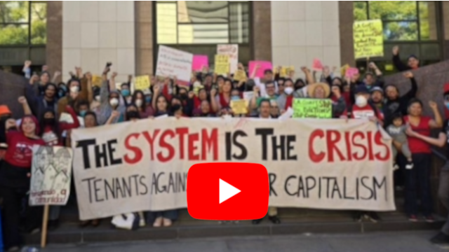 Crowd of protesters holding a large banner that reads 'The System Is The Crisis' with smaller signs, video play button overlay in front.